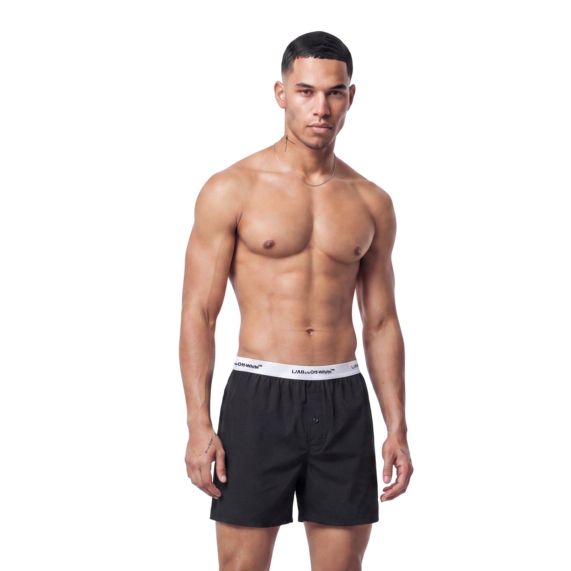 L/AB c/o Off-White Men's Horizontal Repeat Solid Woven Boxer With Fly - Black - BLACK